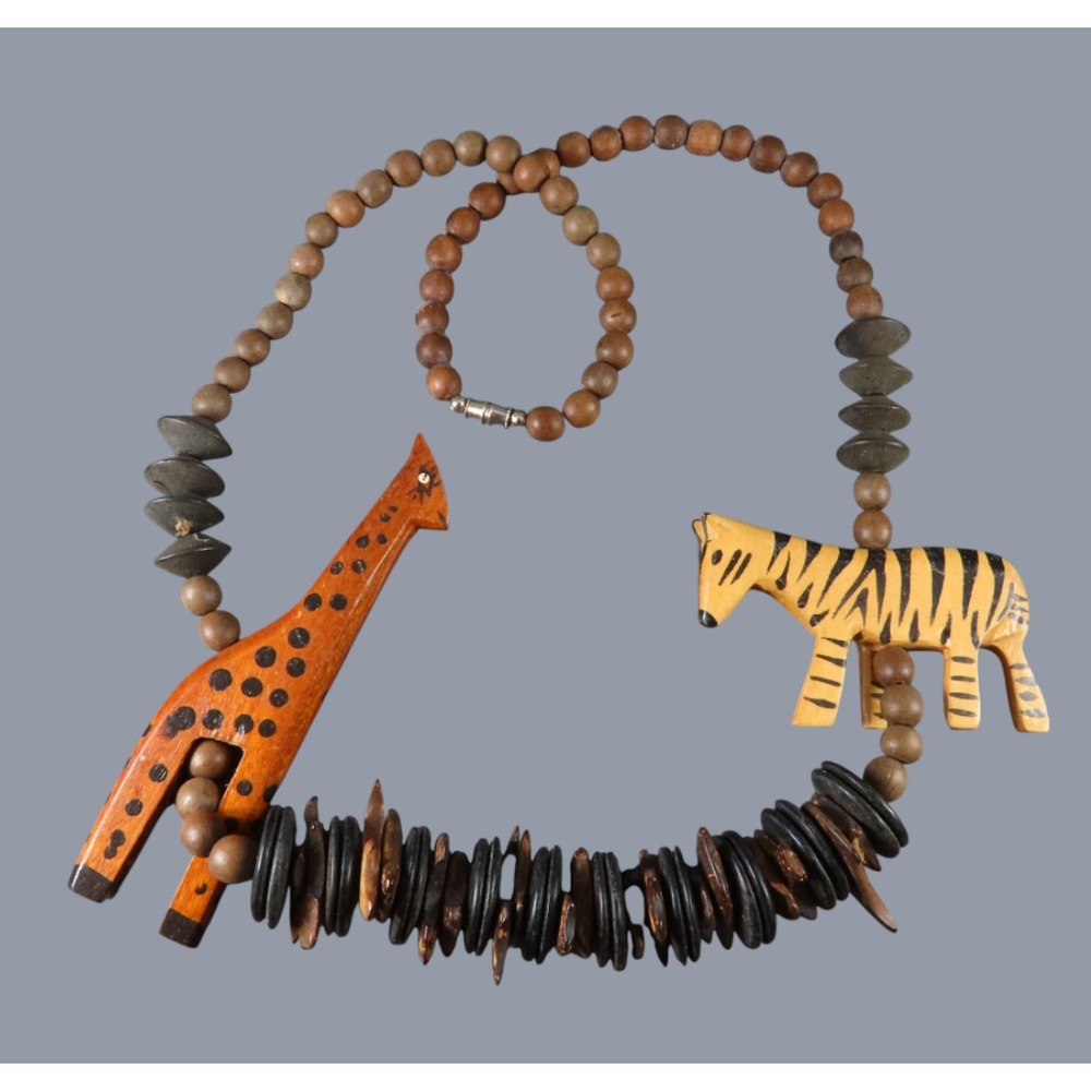 VTG Beaded Necklace CARVED WOODEN ANIMALS Jungle African BROWN Giraffe Zebra